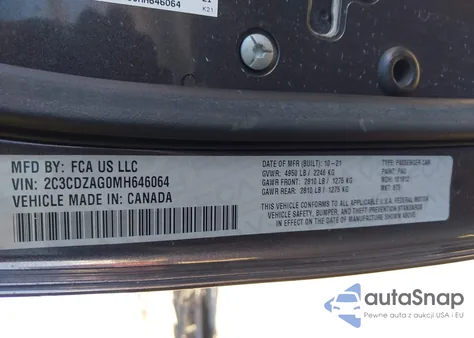 2021 Dodge Challenger Sxt z USA, uszkodzony, nr VIN 2C3CDZAG0MH646064